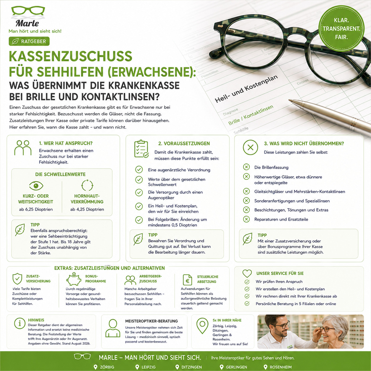 Infografik zum Kassenzuschuss für Sehhilfen bei Erwachsenen: Anspruch ab 6,25 Dioptrien bei Kurz- oder Weitsichtigkeit und ab 4,25 Dioptrien bei Hornhautverkrümmung, die fünf Voraussetzungen für die Kostenübernahme sowie die Leistungen, die die Krankenkasse nicht bezahlt.