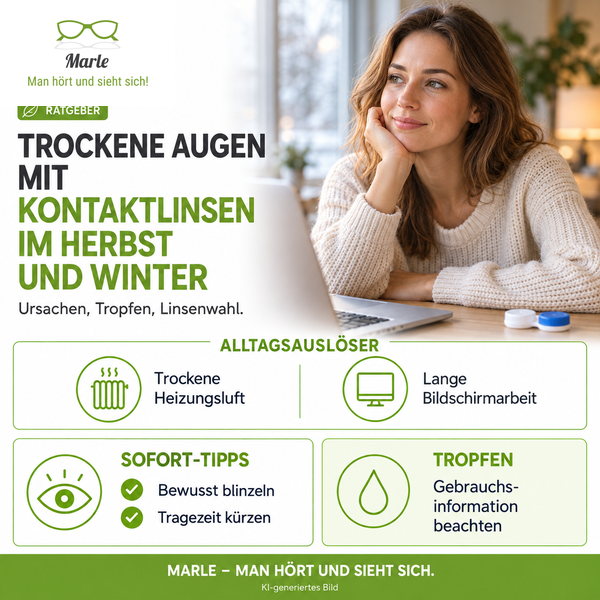 Kontaktlinsenträgerin am Laptop im Winterlicht, daneben ein Linsenbehälter, mit Ratgeber-Titel zu trockenen Augen