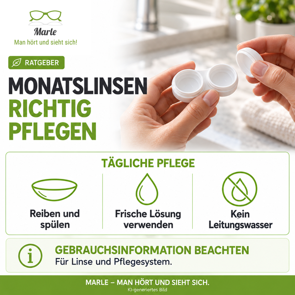 Hände halten eine Monatslinse über einem Linsenbehälter mit Pflegelösung, daneben der Ratgeber-Titel zur Linsenpflege