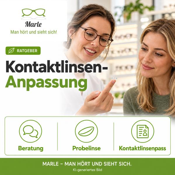 Augenoptikerin zeigt einer Kundin eine Kontaktlinse, mit Ratgeber-Titel zur Kontaktlinsen-Anpassung