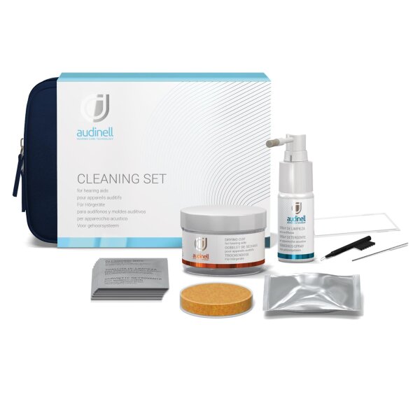 Audinell Starter Kit - Reinigung und Trocknung von Hörgeräten - 10 Reinigungstücher - Trocknungsbecher - Trocknungskapsel - Reinigungsspray - Multiwerkzeug - Aufbewahrungstasche